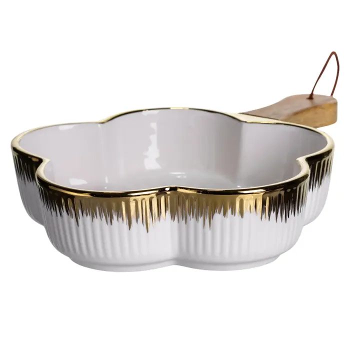 Тарілка порцелянова глибока з ручкою Квітка 27×20×5 (см) блюдо сервірувальне з ручкою для подачі тарілка сковорода Золото ZJH-13-2 (ZJH-13-2) - зображення 4