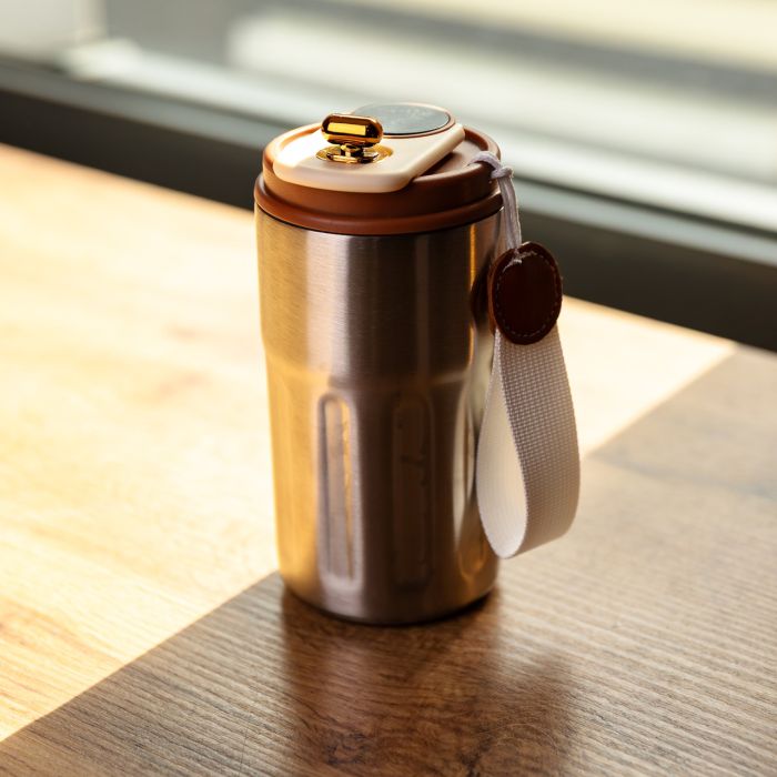 Термочашка Coffee 400 мл з ремінцем та датчиком температури, коричневий  Yiwu HP-GM-1 (HP-GM-1) - изображение 2