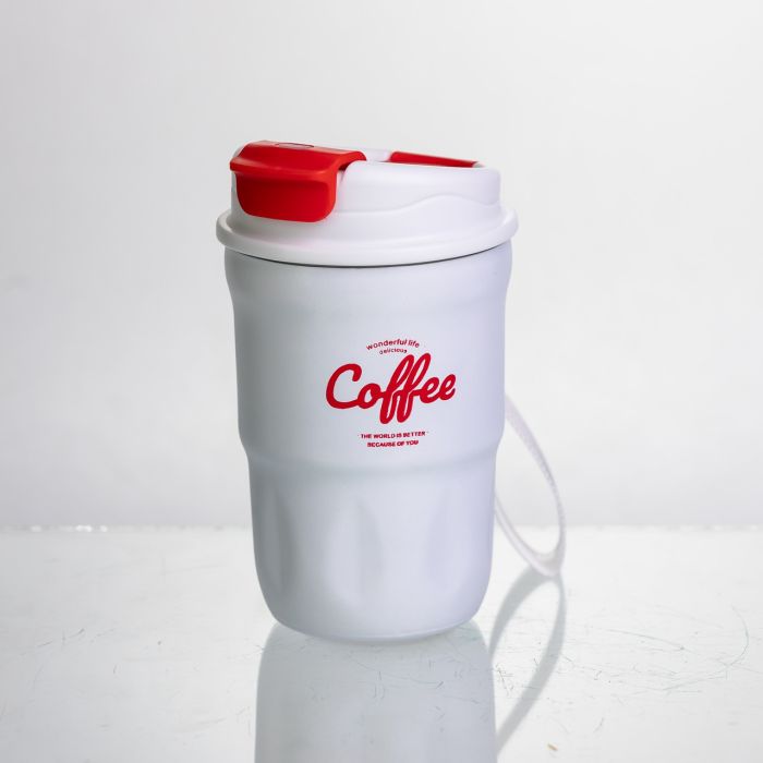 Термочашка "Coffee" 400 мл з ремінцем та відкидною кришкою-клапаном, білий Yiwu HP-GM-19 (HP-GM-19) - зображення 1