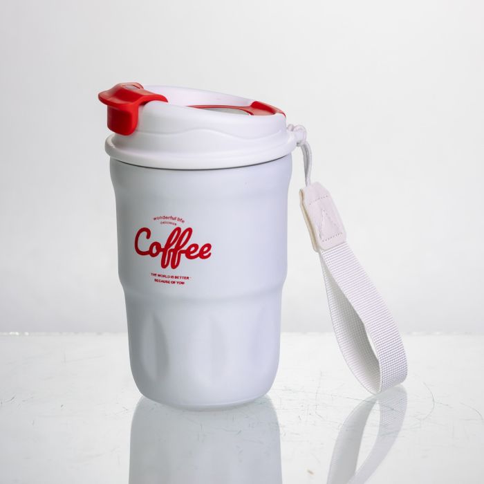 Термочашка "Coffee" 400 мл з ремінцем та відкидною кришкою-клапаном, білий Yiwu HP-GM-19 (HP-GM-19) - зображення 4