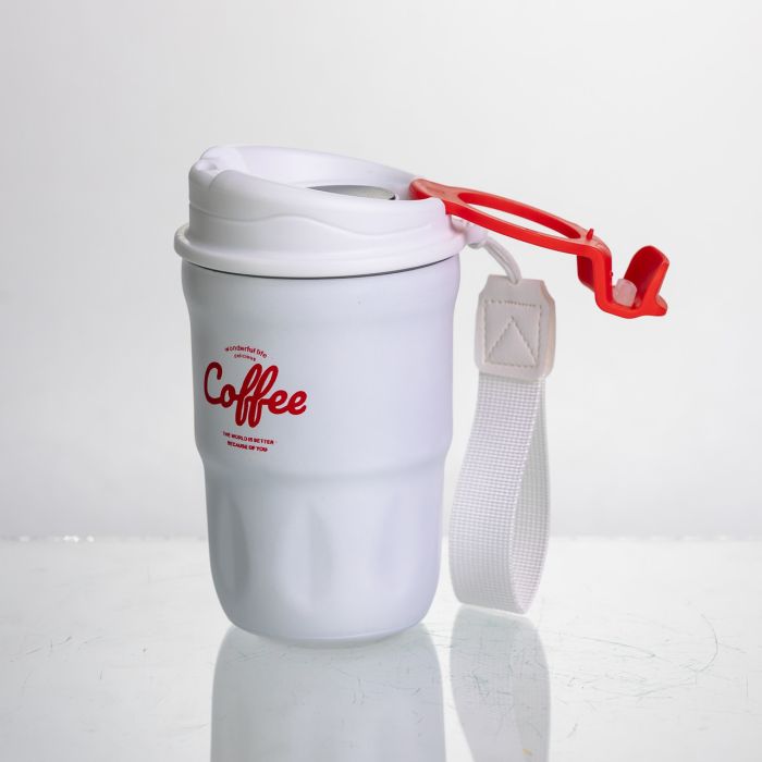 Термочашка "Coffee" 400 мл з ремінцем та відкидною кришкою-клапаном, білий Yiwu HP-GM-19 (HP-GM-19) - зображення 6