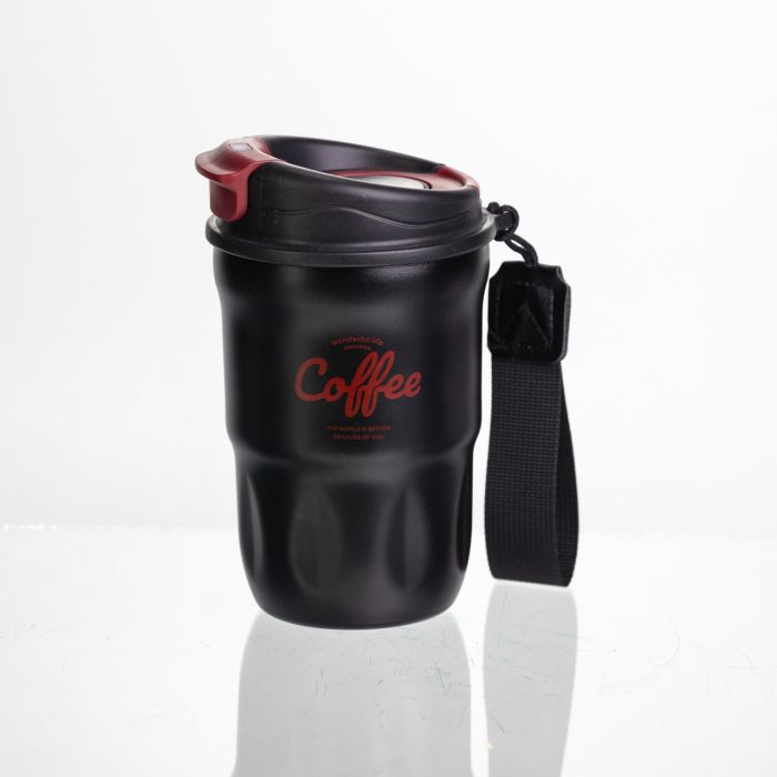 Термочашка "Coffee" 400 мл з ремінцем та відкидною кришкою-клапаном, чорний Yiwu HP-GM-17 (HP-GM-17) - зображення 1