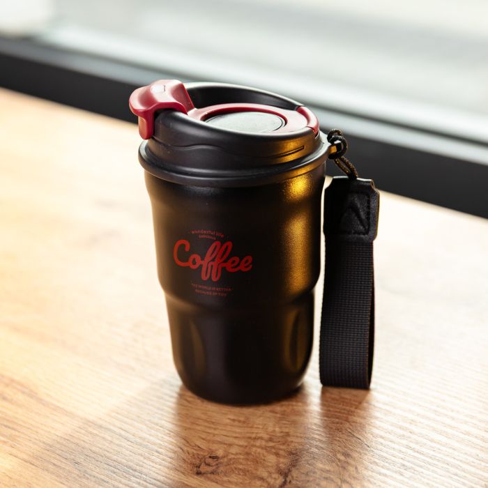 Термочашка "Coffee" 400 мл з ремінцем та відкидною кришкою-клапаном, чорний Yiwu HP-GM-17 (HP-GM-17) - зображення 2