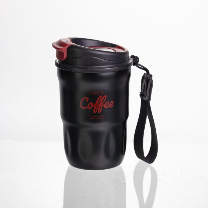 Термочашка "Coffee" 400 мл з ремінцем та відкидною кришкою-клапаном, чорний Yiwu HP-GM-17 (HP-GM-17) - зображення 3