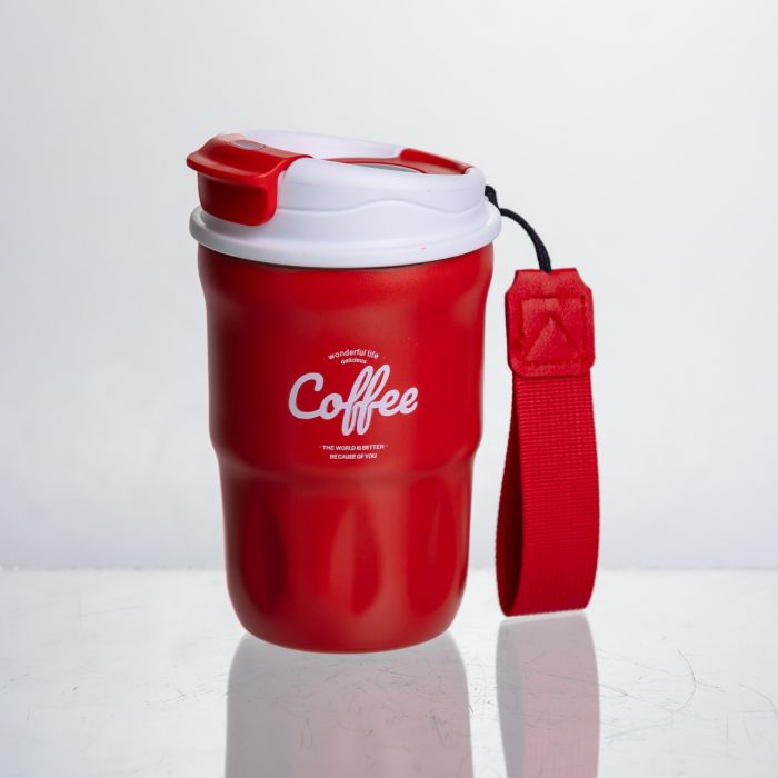 Термочашка "Coffee" 400 мл з ремінцем та відкидною кришкою-клапаном, червоний Yiwu HP-GM-18 (HP-GM-18) - зображення 1
