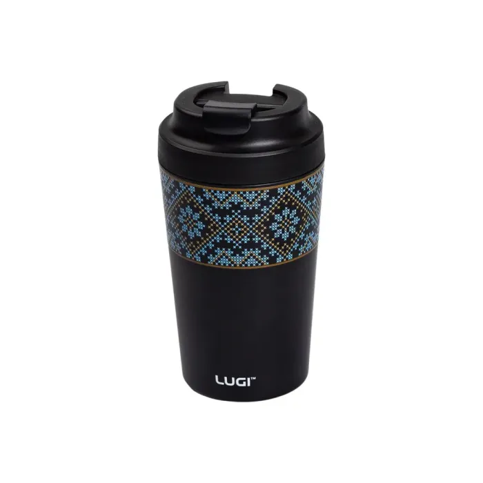 Термокружка 380 мл термос с керамической колбой для кофе и чая термочашка с украинским орнаментом черный (HP-14-50B) - изображение 1