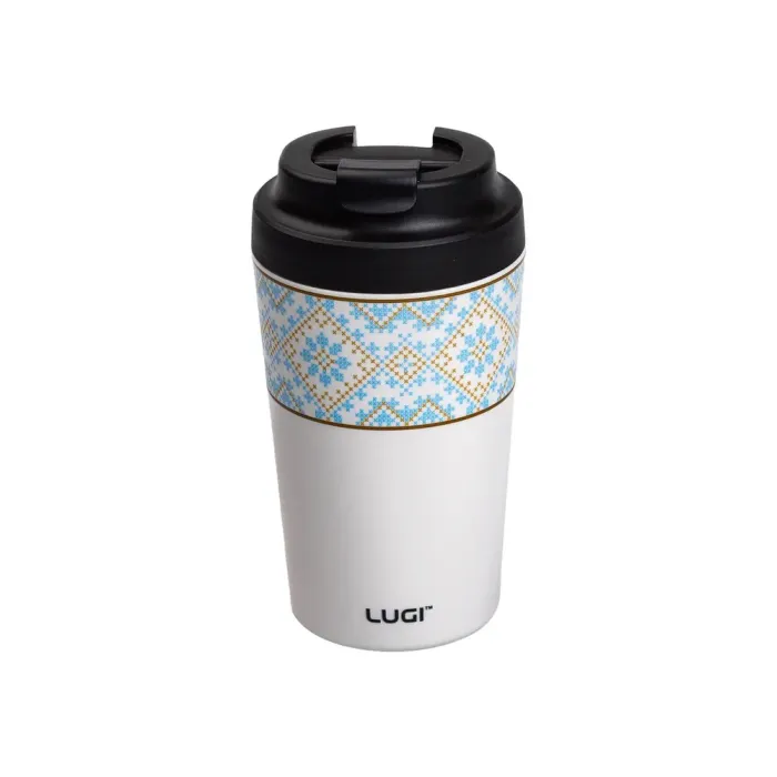 Термокружка 380 мл термос с керамической колбой для кофе и чая термочашка с украинским орнаментом белый (HP-14-50W) - изображение 1