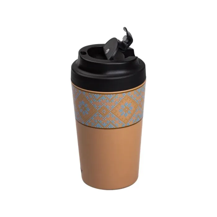 Термокружка 380 мл термос с керамической колбой для кофе и чая термочашка с украинским орнаментом оранжевый (HP-14-50O) - изображение 3