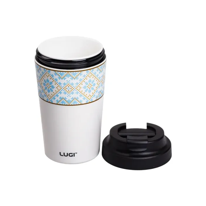 Термокружка 380 мл термос с керамической колбой для кофе и чая термочашка с украинским орнаментом белый (HP-14-50W) - изображение 3