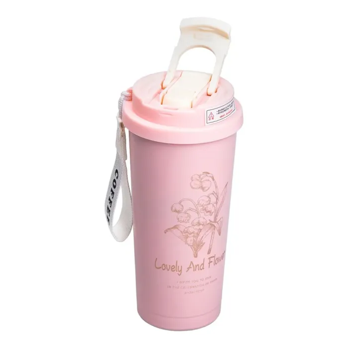 Термокружка 500 мл кружка термос с ремешком для кофе и чая термочашка из нержавеющей стали розовая (HP-14-52P) - изображение 2