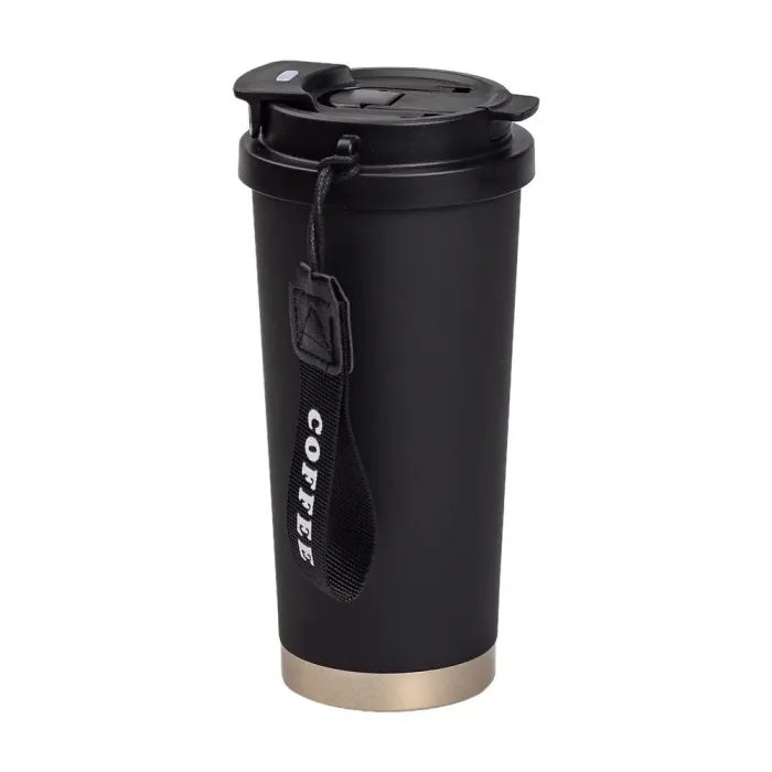 Термокружка для кофе и чая 500 мл кружка термос с ремешком термочашка черная из нержавеющей стали (HP-14-17B) - изображение 1