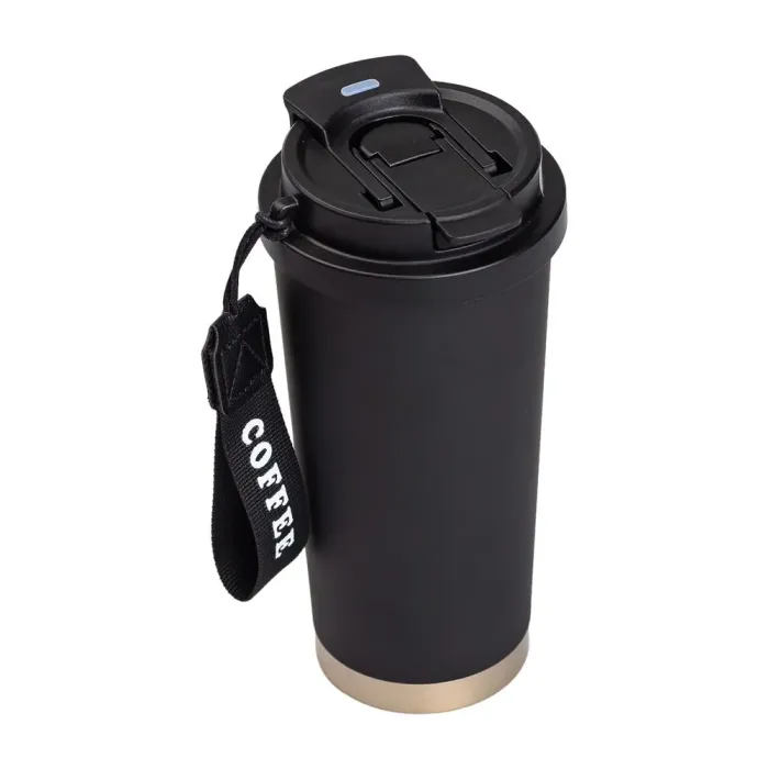 Термокружка для кофе и чая 500 мл кружка термос с ремешком термочашка черная из нержавеющей стали (HP-14-17B) - изображение 2