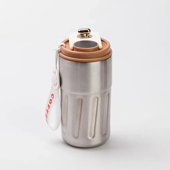 Термокружка для кофе и чая 500 мл кружка термос с ремешком термочашка из нержавеющей стали коричневая (HP-14-10BR) - изображение 1