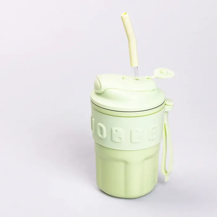 Термокружка с трубочкой для кофе и чая 450 мл кружка термос с ремешком термочашка из нержавеющей стали (HP-14-18GR) - изображение 1