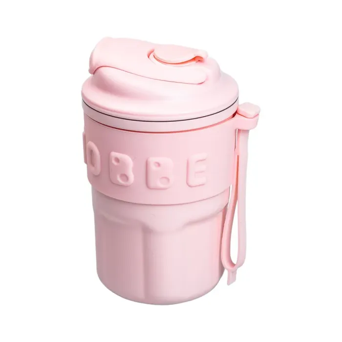 Термокружка с трубочкой для кофе и чая 450 мл кружка термос с ремешком термочашка из нержавеющей стали (HP-14-18P) - изображение 1