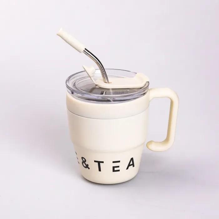 Термокружка с трубочкой для кофе и чая 480 мл кружка термос термочашка 10 см бежевая (HP-14-23BE) - изображение 1