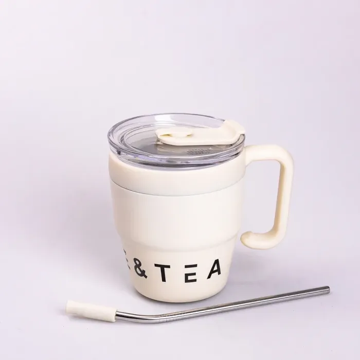 Термокружка с трубочкой для кофе и чая 480 мл кружка термос термочашка 10 см бежевая (HP-14-23BE) - изображение 2