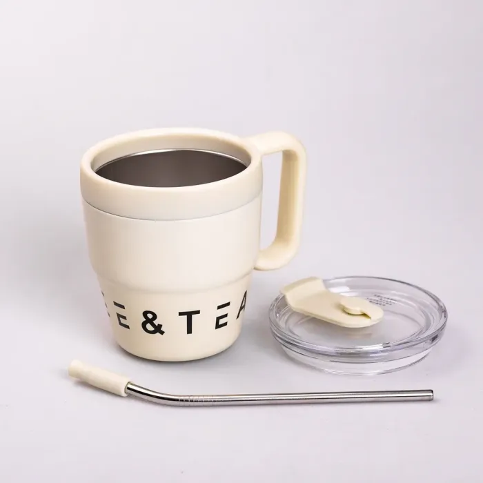 Термокружка с трубочкой для кофе и чая 480 мл кружка термос термочашка 10 см бежевая (HP-14-23BE) - изображение 3