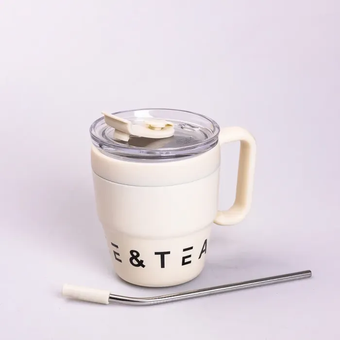 Термокружка с трубочкой для кофе и чая 480 мл кружка термос термочашка 10 см бежевая (HP-14-23BE) - изображение 4