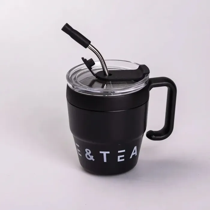 Термокружка с трубочкой для кофе и чая 480 мл кружка термос термочашка 10 см черная (HP-14-23B) - изображение 1
