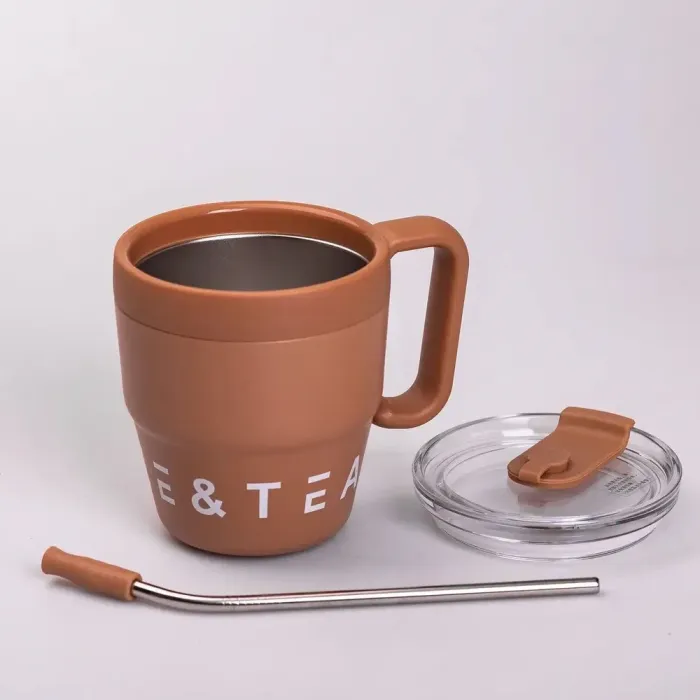 Термокружка с трубочкой для кофе и чая 480 мл кружка термос термочашка 10 см коричневая (HP-14-23BR) - изображение 2