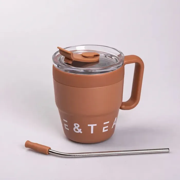 Термокружка с трубочкой для кофе и чая 480 мл кружка термос термочашка 10 см коричневая (HP-14-23BR) - изображение 3