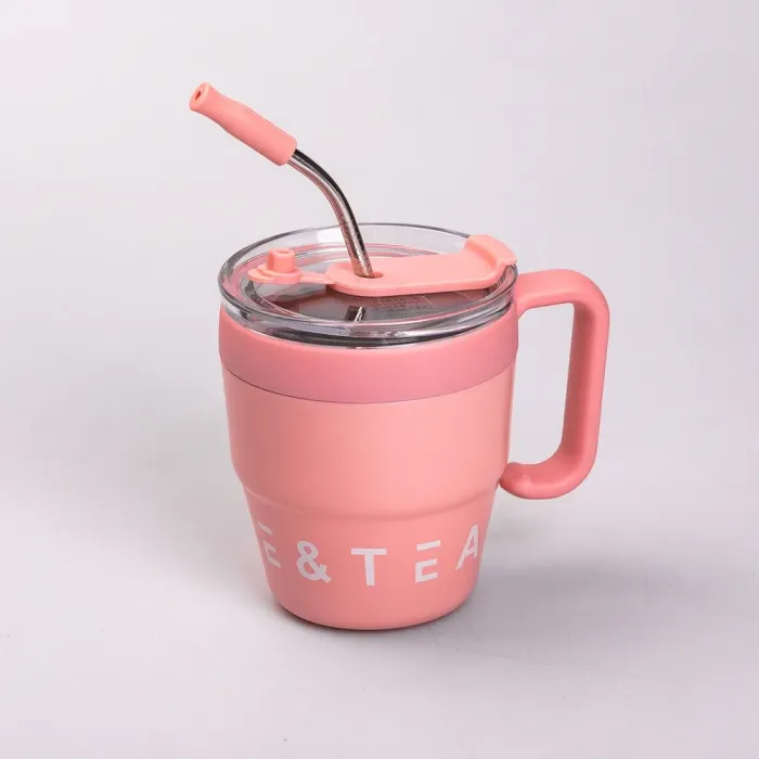 Термокружка с трубочкой для кофе и чая 480 мл кружка термос термочашка 10 см розовая (HP-14-23P) - изображение 1