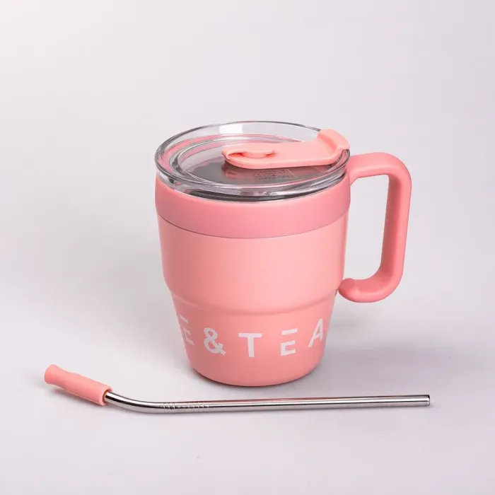 Термокружка с трубочкой для кофе и чая 480 мл кружка термос термочашка 10 см розовая (HP-14-23P) - изображение 3