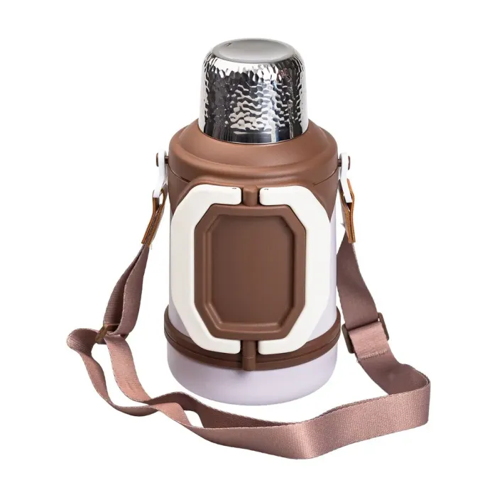 Термос с металлической колбой 1.5 литра с ремешком и складной ручкой коричневый (HP-14-21V) - изображение 1