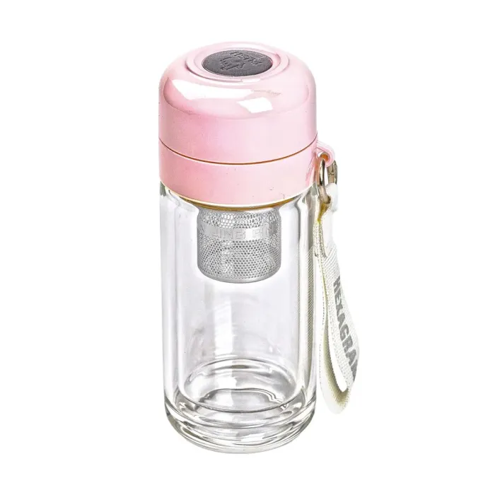 Термос Hexagram стеклянный 240 мл с двойными стенками и заварником для чая розовый (HP-14-40P) - изображение 1