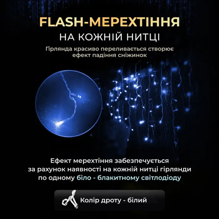 Вулична гірлянда бахрома 25 (м) 405 led світлодіодів зовнішня білий провід синя (25MWBL) - зображення 4