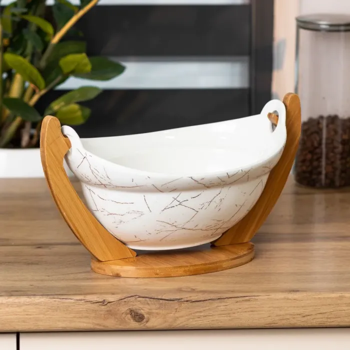 Ваза для фруктов белая керамическая 31.518.517.5 см фруктовница на деревянной подставке (HP1236) - изображение 1