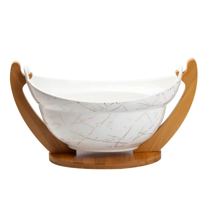 Ваза для фруктов белая керамическая 31.518.517.5 см фруктовница на деревянной подставке (HP1236) - изображение 3