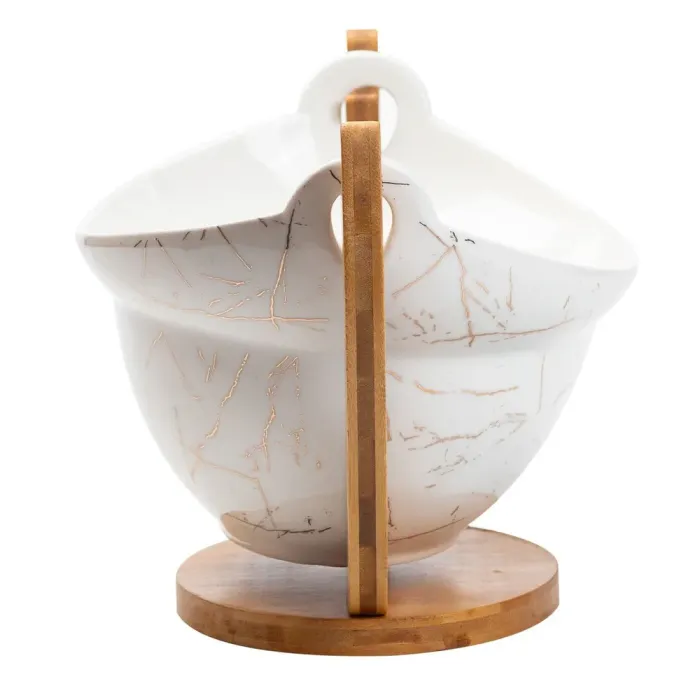 Ваза для фруктов белая керамическая 31.518.517.5 см фруктовница на деревянной подставке (HP1236) - изображение 5