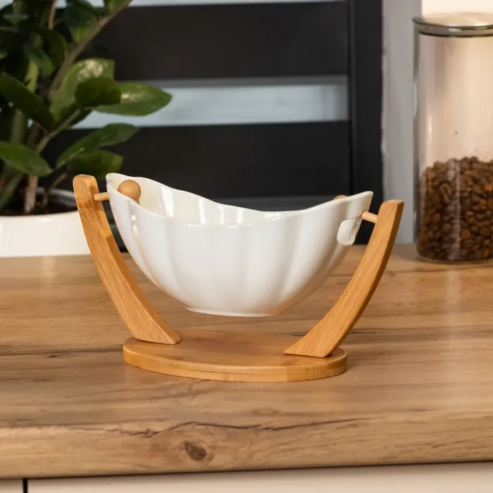 Ваза для фруктов белая керамическая 331416 см на деревянной подставке. (HP1238) - изображение 1