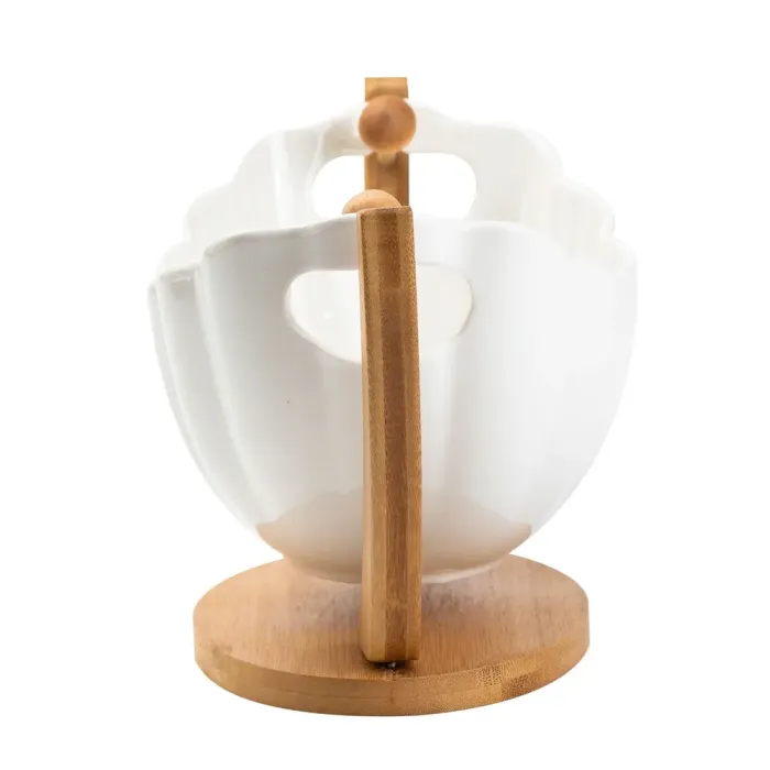 Ваза для фруктов белая керамическая 331416 см на деревянной подставке. (HP1238) - изображение 2