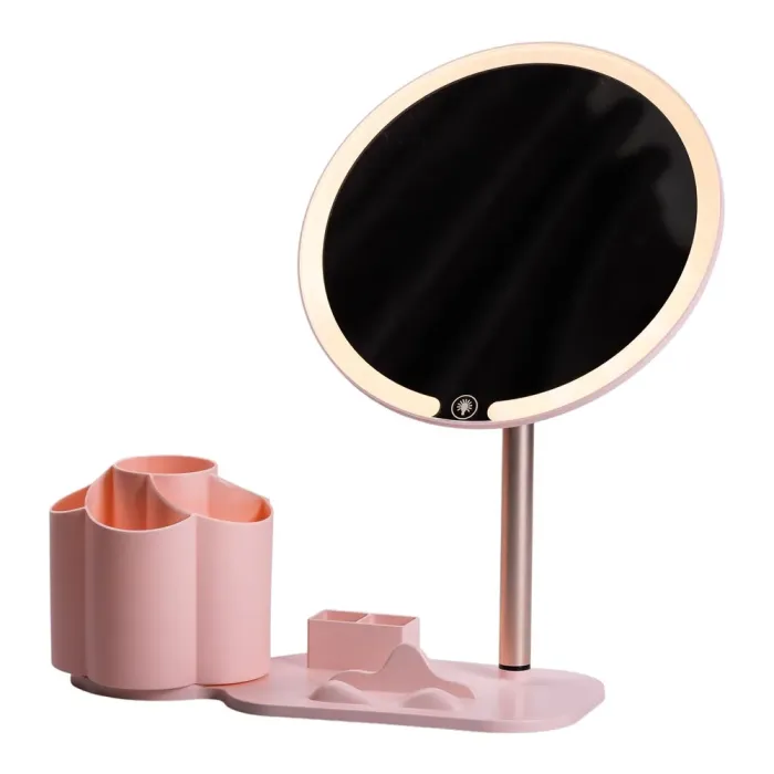 Дзеркало для макіяжу з підсвічуванням кругле настільне Ø21 см з підставкою Рожеве (HP-10-9AP) - изображение 1