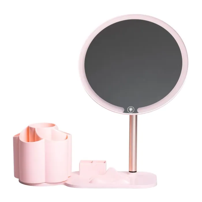 Дзеркало для макіяжу з підсвічуванням кругле настільне Ø21 см з підставкою Рожеве (HP-10-9AP) - изображение 2