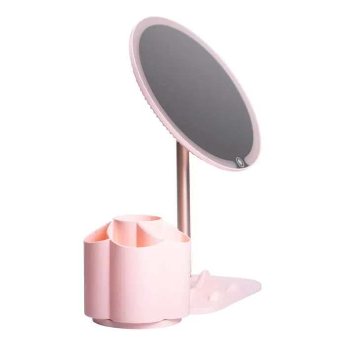 Дзеркало для макіяжу з підсвічуванням кругле настільне Ø21 см з підставкою Рожеве (HP-10-9AP) - изображение 3