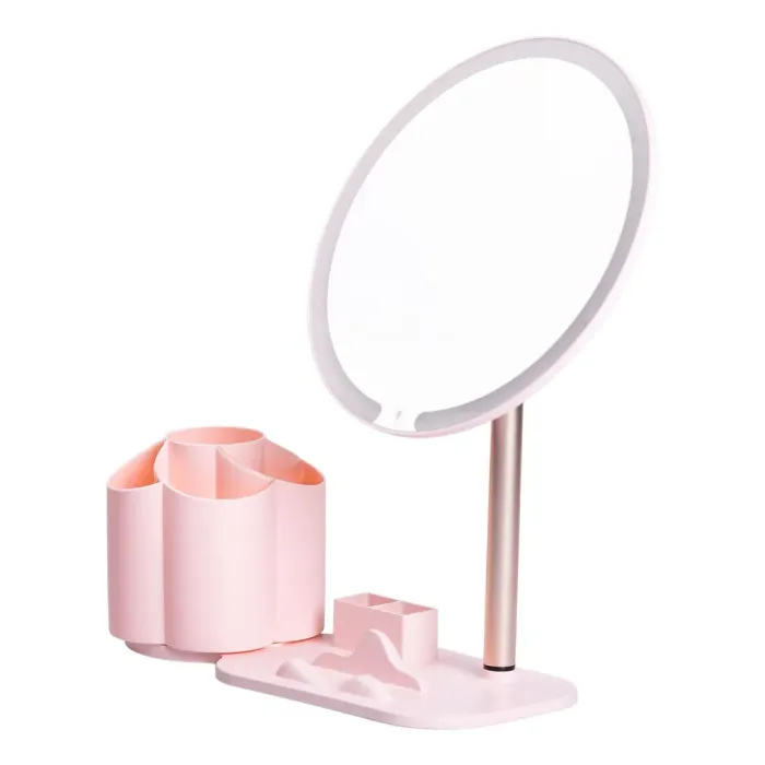 Дзеркало для макіяжу з підсвічуванням кругле настільне Ø21 см з підставкою Рожеве (HP-10-9AP) - изображение 5