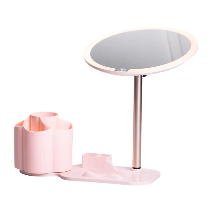 Дзеркало для макіяжу з підсвічуванням кругле настільне Ø21 см з підставкою Рожеве (HP-10-9AP) - изображение 6