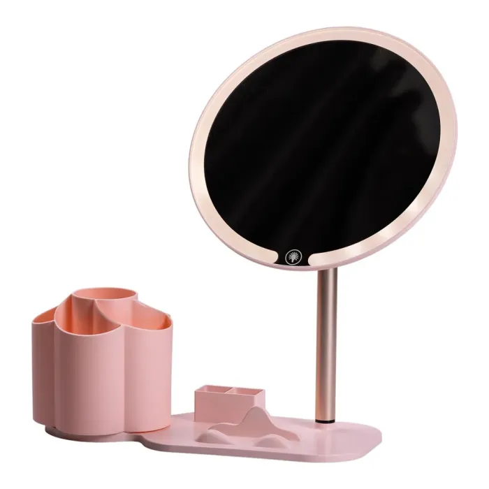 Дзеркало для макіяжу з підсвічуванням кругле настільне Ø21 см з підставкою Рожеве (HP-10-9AP) - изображение 8