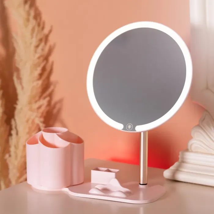 Дзеркало для макіяжу з підсвічуванням кругле настільне Ø21 см з підставкою Рожеве (HP-10-9AP) - изображение 9