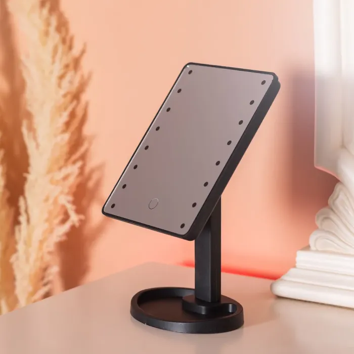 Дзеркало настільне косметичне для макіяжу 21х16 см дзеркало прямокутне на підставці 16 LED Чорне (HP-10-3AB) - зображення 3