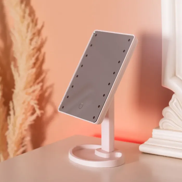 Дзеркало настільне косметичне для макіяжу 21х16 см дзеркало прямокутне на підставці 16 LED Рожеве (HP-10-3AP) - зображення 7